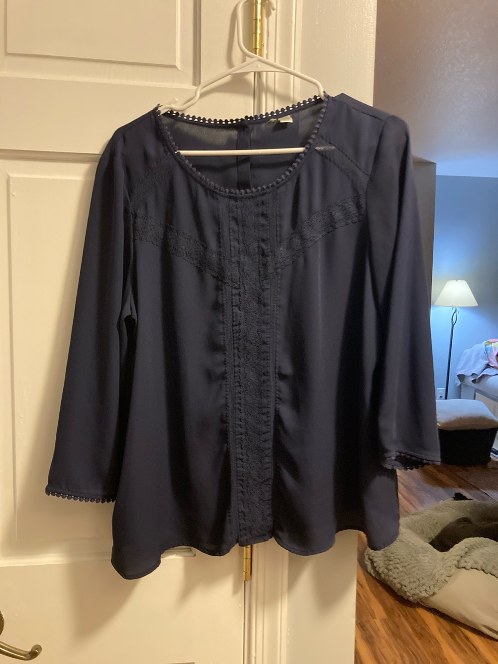 LC Lauren Conrad Navy Lace-Trim Long Sleeve Blouse